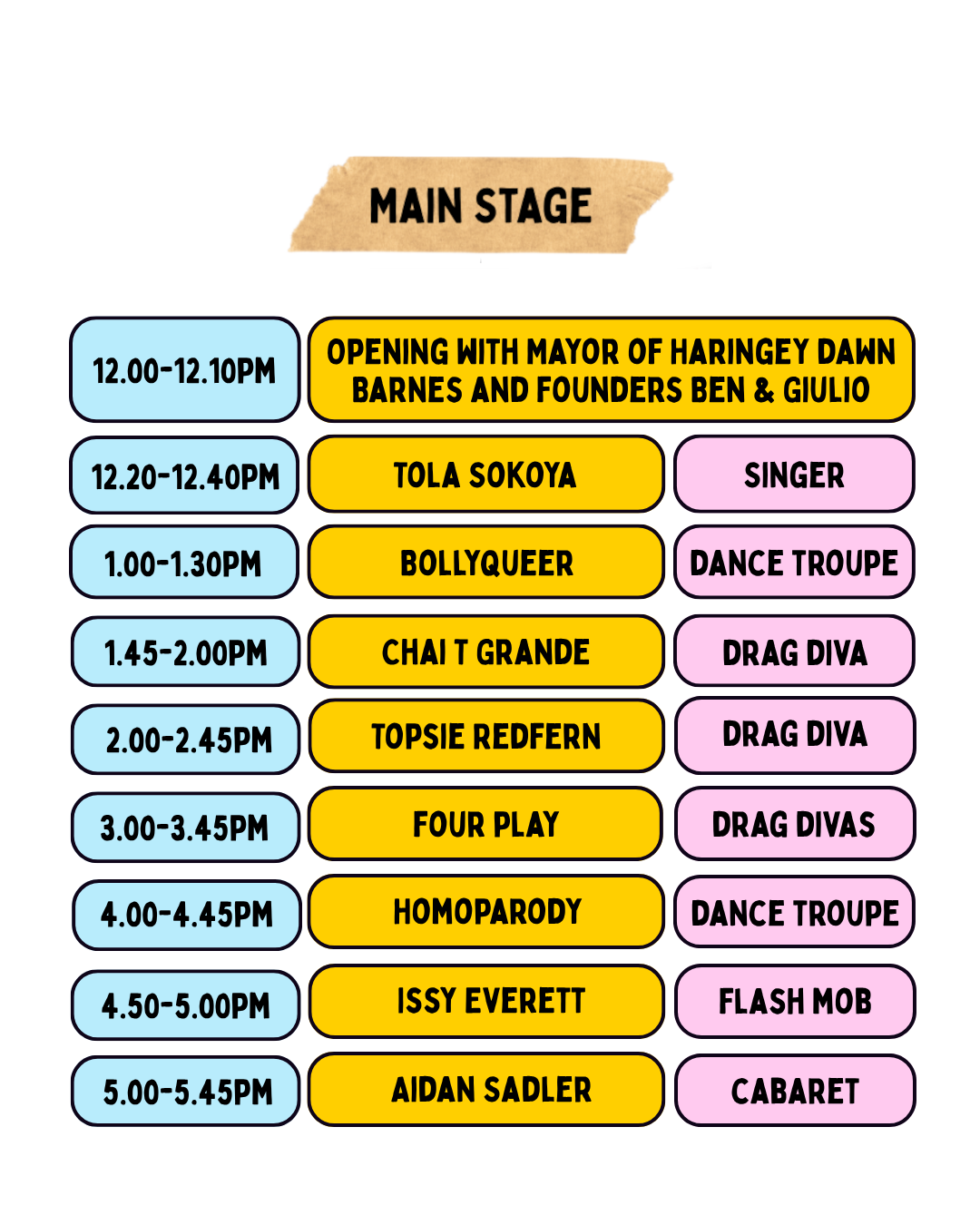 Main Stage, Sunday 5th July, Myddleton Road N22. 12.00–12.10pm opening with Mayor of Haringey Dawn Barnes and founders Ben & Giulio. 12.20–12.40pm Tola Sokota, singer. 1.00–1.30pm Bollyqueer, dance troupe. 1.45–2.00pm Chai T Grande, drag diva. 2.00–2.45pm Topsie Redfern, drag diva. 3.00–3.45pm Four Play, drag divas. 4.00–4.45pm Homoparody, dance troupe. 4.50–5.00pm Issy Everett, flash mob. 5.00–5.45pm Aidan Sadler, cabaret.